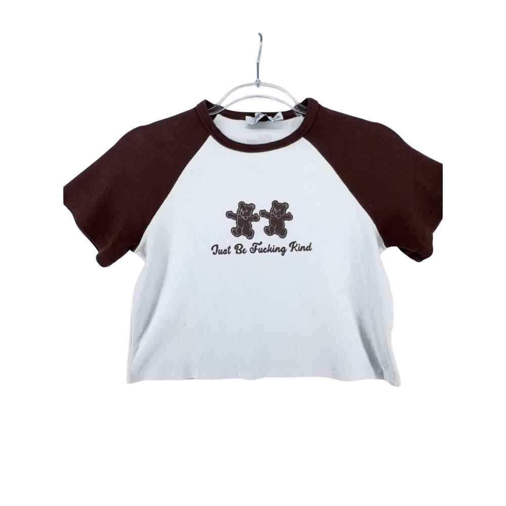 Mayfair Message Bear Graphic Crop Tee Brown White Raglan Stretchy LXL Aesthetics